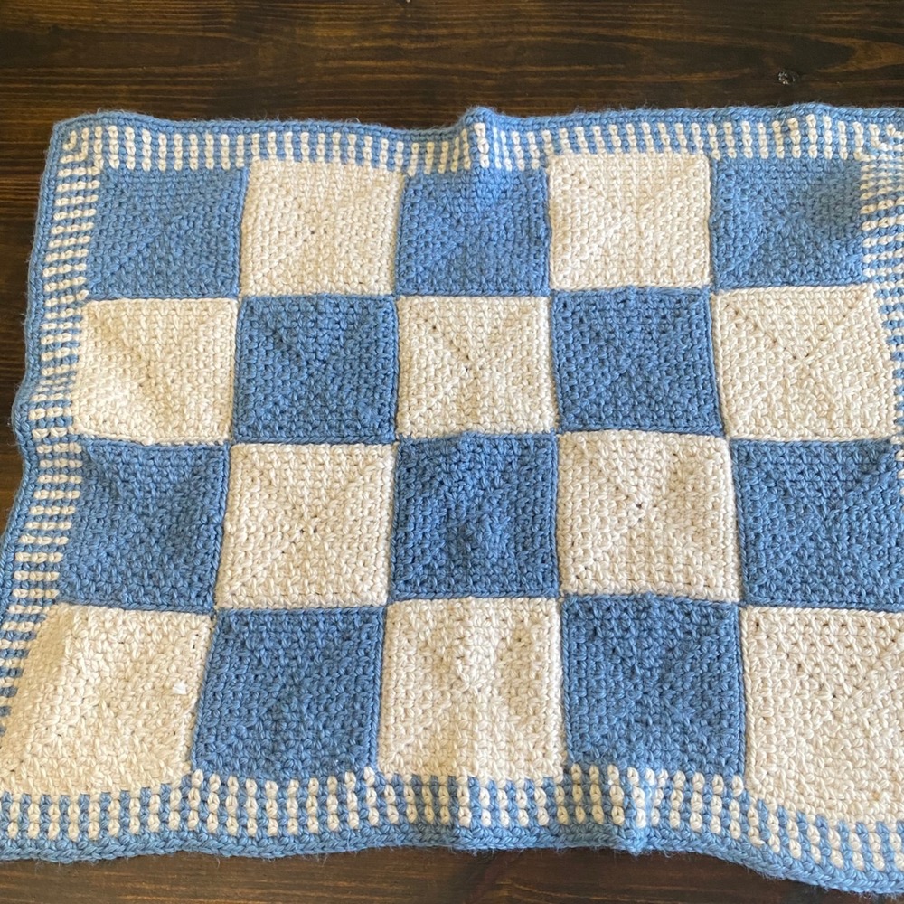 Vintage Handmade‎ Crochet Baby Blanket Blue Cream Checkered Super Soft 40x32